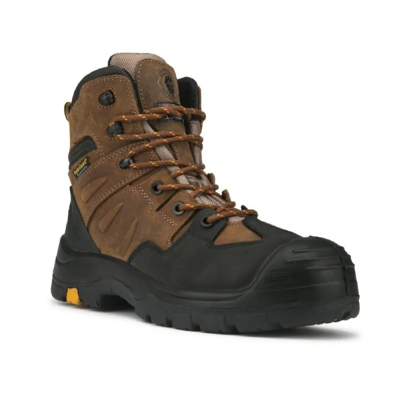 Men's work & safety boots with a padded collar for ankle comfortROCKROOSTER Woodland Brown 6 inch Waterproof Safety Toe Leather Work Boots AK669