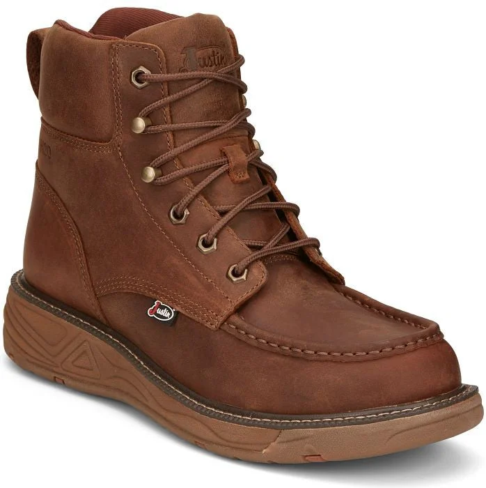 Men's work & safety boots with a gusseted tongue to keep out debrisJustin Men's Rush 6" WP Wedge Work Boot -Brown- SE470