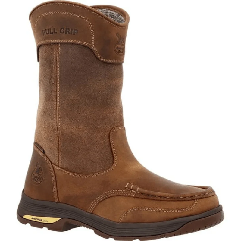 Men's work & safety boots with a high - traction lug pattern for uneven groundGeorgia Boot Men's Athens Superlyte Wellington Brown Waterproof Pull On Work Boot GB00549