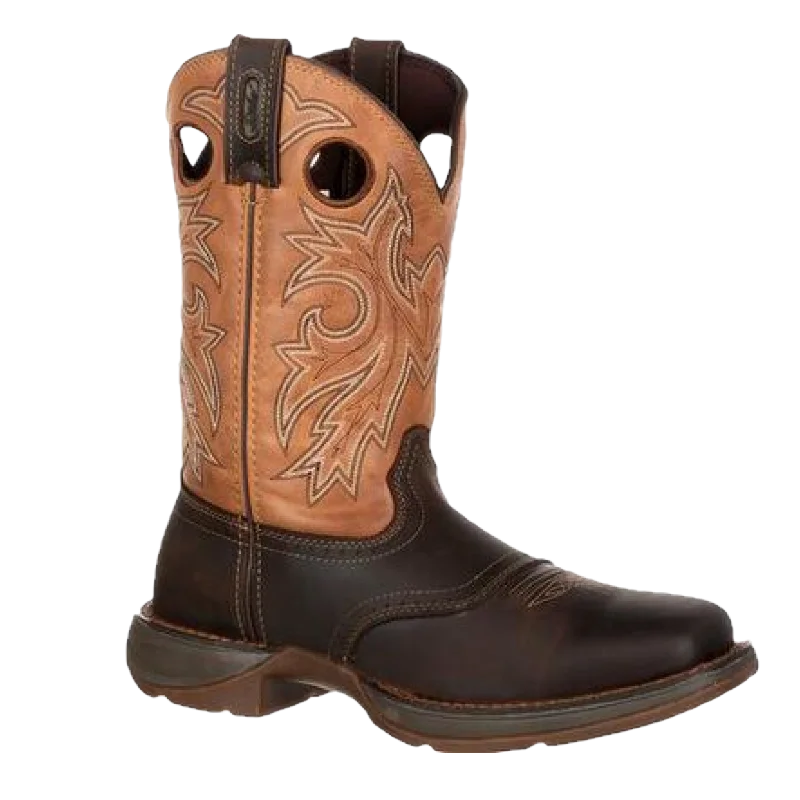 Men's work & safety boots with a durable rubber outsole for traction on rough terrainDurango® Men's Western 11" Brown & Tan Saddle Square Toe Boots DB4442