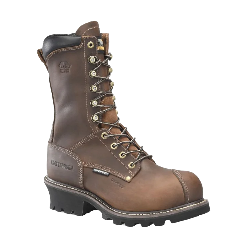 Men's work & safety boots with a gusseted tongue to keep out debrisMatterhorn® Men's Arc 10" Dark Brown Composite Toe Logger Boots MT2510