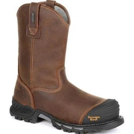 Men's work & safety boots with a quick - lace system for easy on and offGeorgia Men's Rumbler 10" Comp Toe WP Pull-On Work Boot-Brown- GB00286