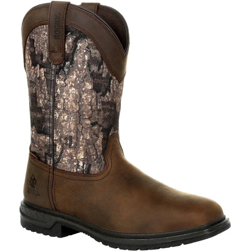 Men's work & safety boots with a gusseted tongue to keep out debrisRocky Men's Worksmart 11" WP 400G Ins Western Work Boot Realtree RKW0326