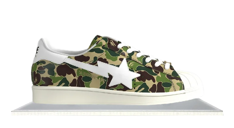 Men's black canvas sneakers with a red soleSuperstar x Bape Green Camo