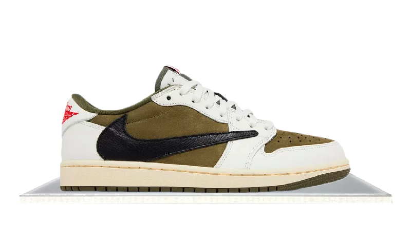 Men's navy blue suede sneakers with gold - toned eyeletsAir Jordan 1 Low Travis Scott 'Medium Olive'