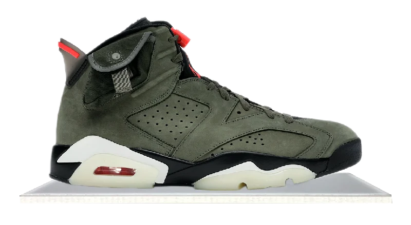 Men's navy blue suede sneakers with gold - toned eyeletsAir Jordan 6 Travis Scott Olive