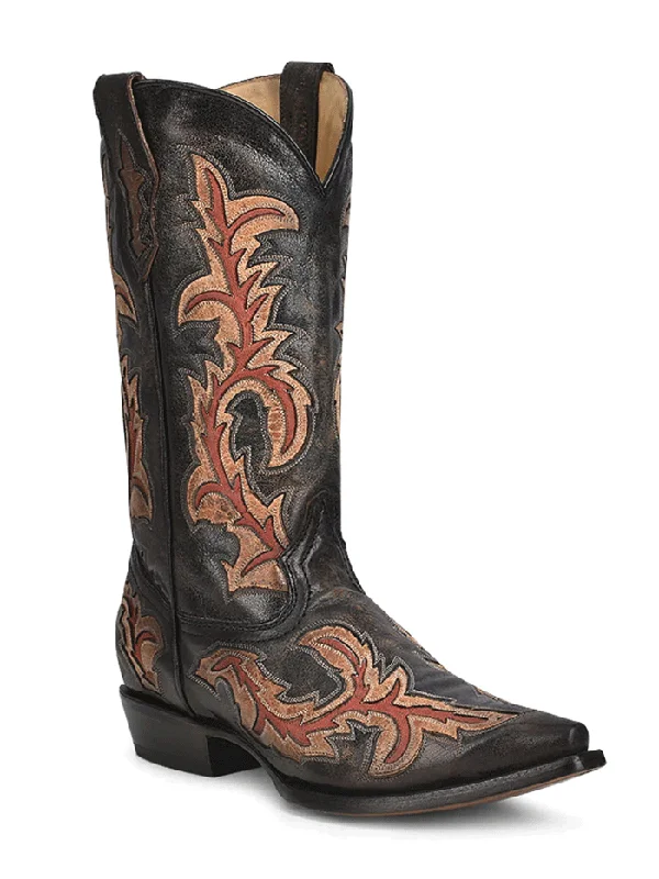 Men's cowboy boots with a leather sole for a classic lookCorral C3883 Mens Inlay And Embroidery Cowboy Boots Black And Red