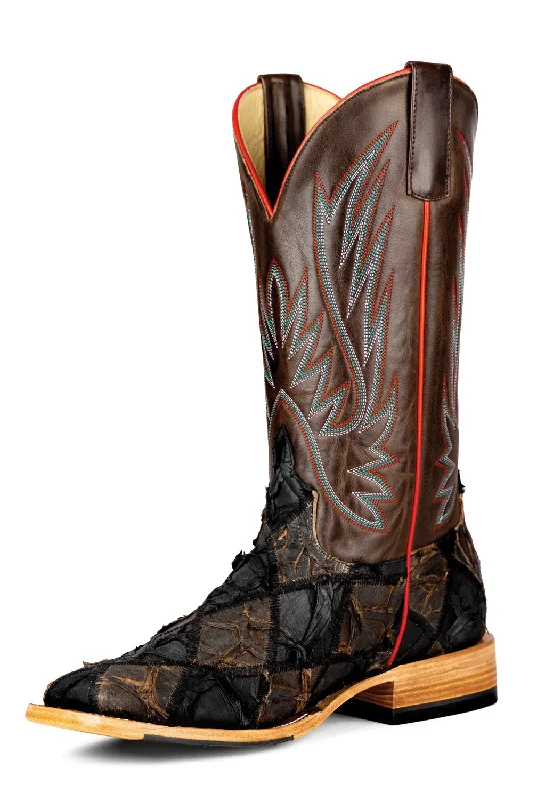 Men's cowboy boots with a tooled leather designHorse Power Mens Patchwork Bass Black/Chocolate Pirarucu Cowboy Boots