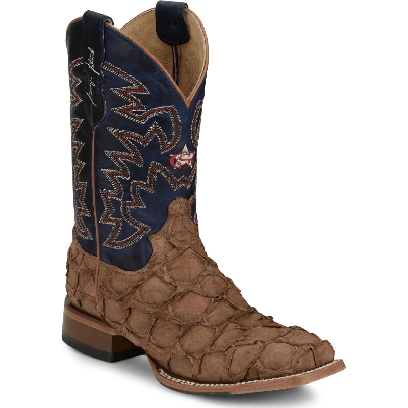 Alligator - print men's cowboy boots for a bold lookJustin Men's George Strait Ocean Front Pirarucu Tan Square Toe Exotic Western Boots GR5707