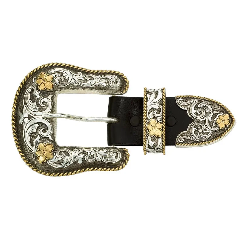 Men's western boots with a decorative concho belt and buckleMontana Silversmiths Antiqued Two Tone Filigree 1.5" 3 Piece Belt Buckle Set