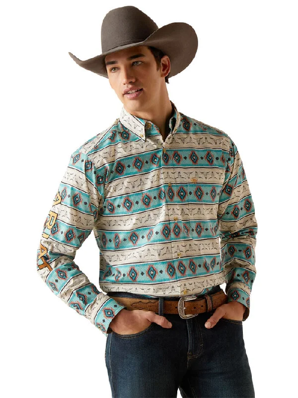 Western - style men's boots with intricate tooling and stitchingAriat 10047347 Mens Team Cruz Fitted Shirt Sandshell Teal