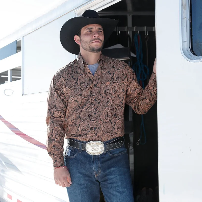 Men's western boots with a high - heeled design and a pointed toeCinch Men's Classic Fit Black & Gold Paisley Button Down Western Shirt