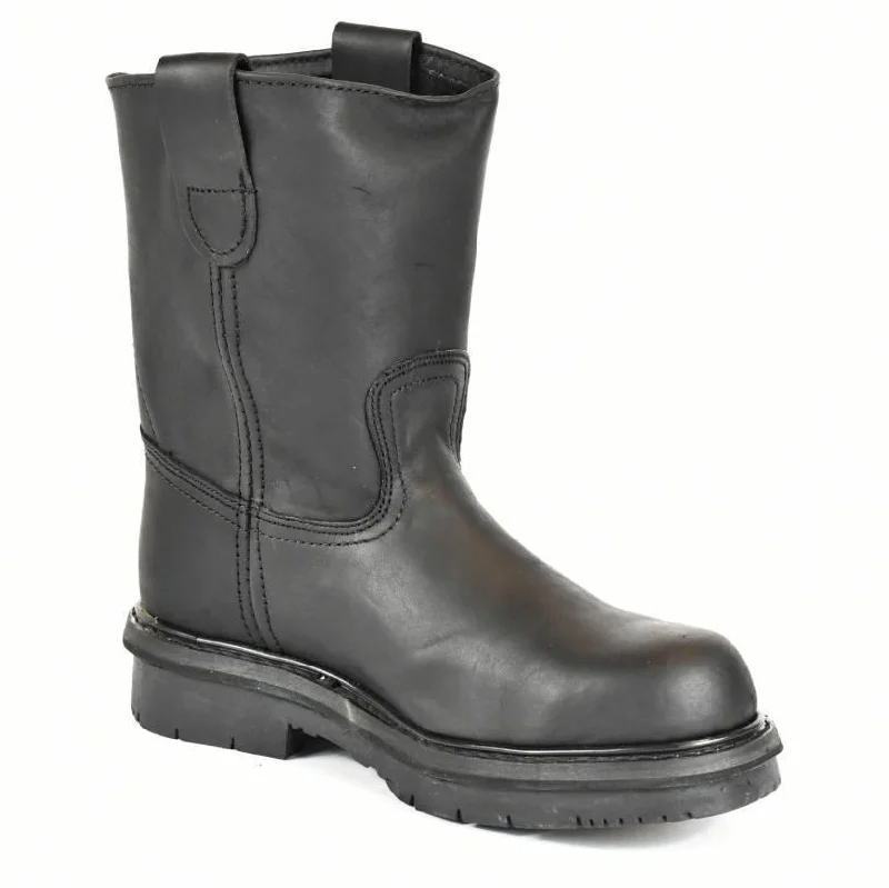 Men's western boots with a scalloped edge and a pull - on strapBlack Leather Soft Toe Pull-On Work Boots -El General Wellington Boots  400112 710-11