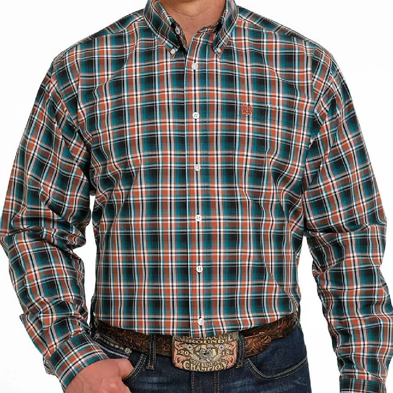 Men's genuine leather western boots with a snake - skin inlayCinch Men's Teal and Orange Plaid Long Sleeve Western Shirt