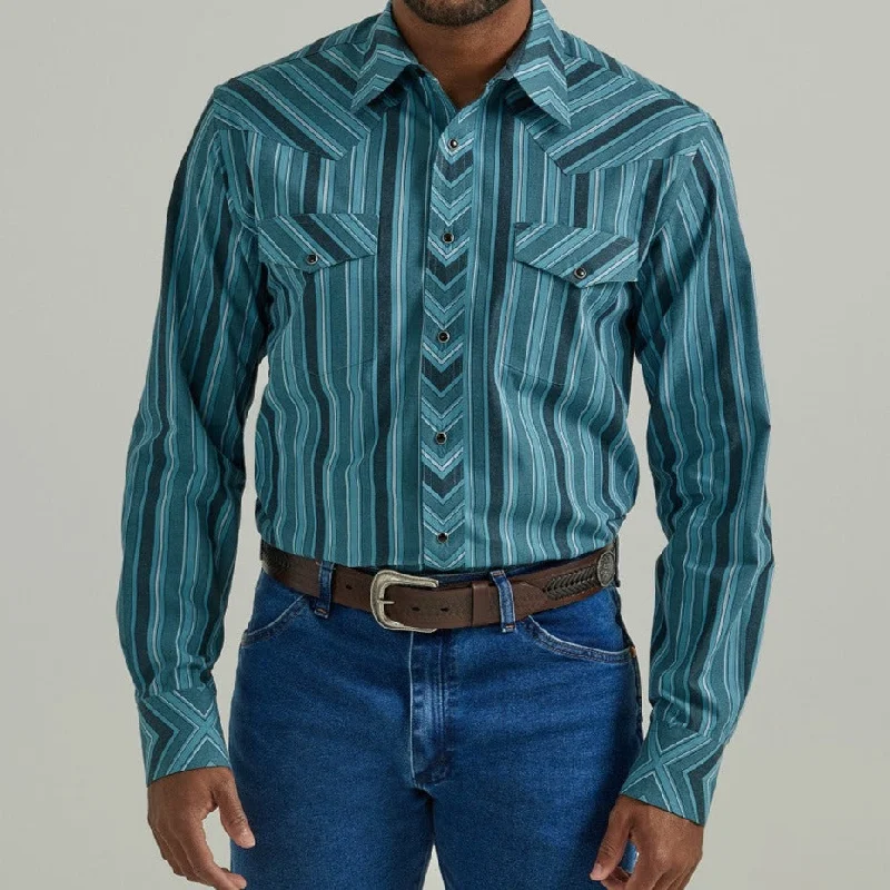 Men's western boots with a leather sole and a heel guardMen's Wrangler Silver Edition Long Sleeve Western Snap Shirt- Blue Stripes