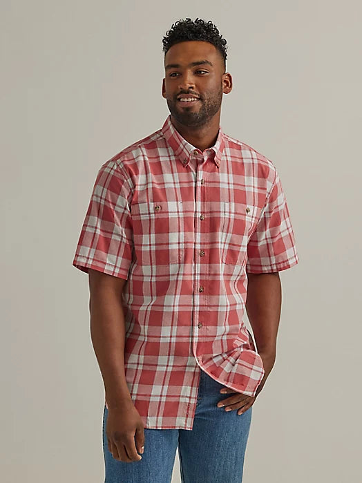 Men's western boots with a leather - wrapped heel and a smooth finishWrangler Men's Rugged Wear Plaid Short Sleeve Button Down Shirt- Cedar Red