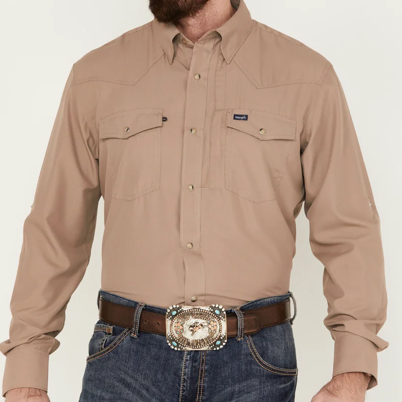 Men's western boots with a leather - wrapped heel and a smooth finishWrangler Men's L/S Solid Tan Performance Western Snap Solid Shirt