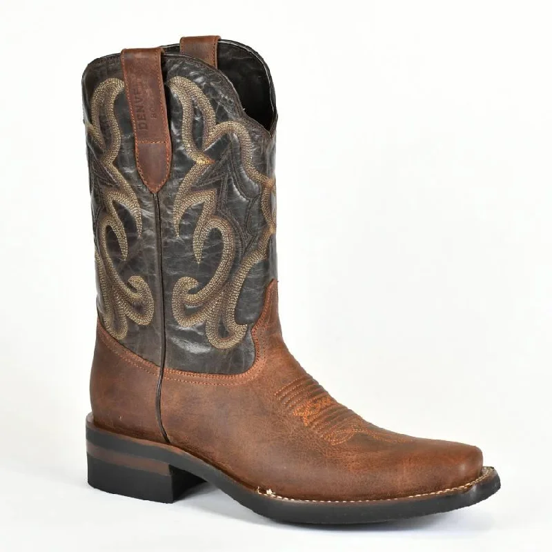 Men's genuine leather western boots with a snake - skin inlayDenver Mountain Men’s  Square Toe  Cognac Leather Rodeo Boot Montana