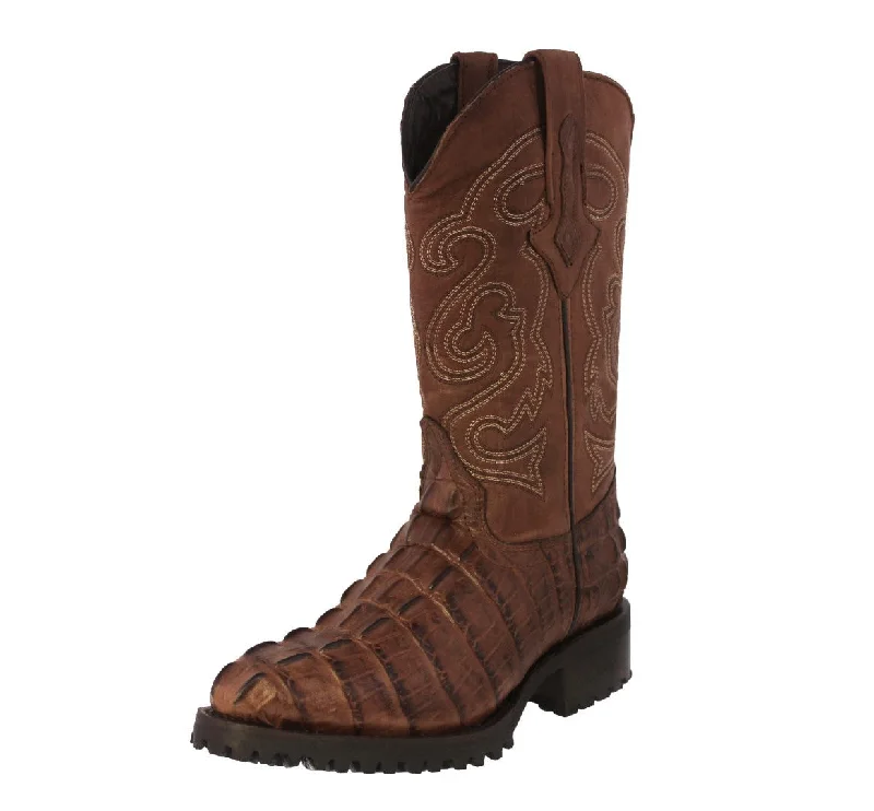 Men's cowboy boots with a leather sole for a classic lookMens Brown Motorcycle Boots Crocodile Tail Print - Round Toe