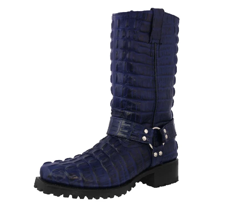 Men's cowboy boots with a leather sole for a classic lookMens Denim Blue Motorcycle Boots Crocodile Tail Print - Square Toe