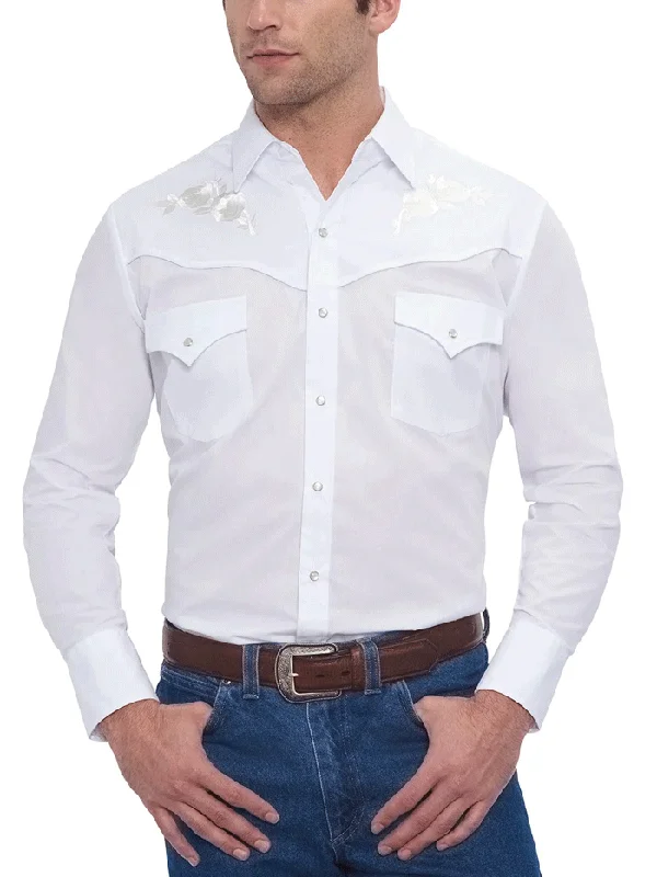 Men's western boots in a rich brown or black leatherEly Cattleman 15203901-05 Mens White Rose Embroidery Long Sleeve Western Shirt White