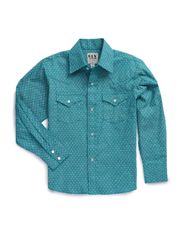 Men's western boots with a high - heeled design and a pointed toeEly & Walker Men's Western Teal Medallion Long Sleeve Pearl Snap Shirt