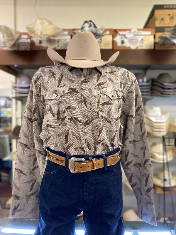 Men's western boots with a leather sole and a heel guardGray and Brown Brush Pattern Pearl Snap Western Shirt