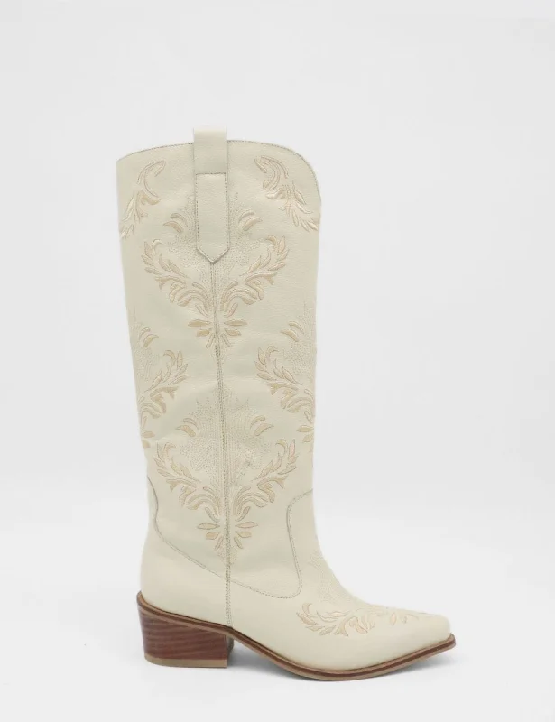 Men's western boots with a concho - studded strap and a pointed toePRE-ORDER (Ships by 11/25/24)Jolene western cowboy boots in off white leather women's shoes