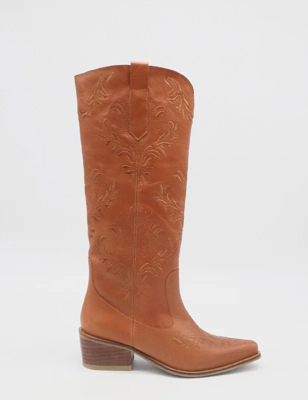 Men's western boots with a decorative concho belt and bucklePRE-ORDER (SHIPS BY 11/25/24) Jolene western cowboy boots in tan leather women's shoes