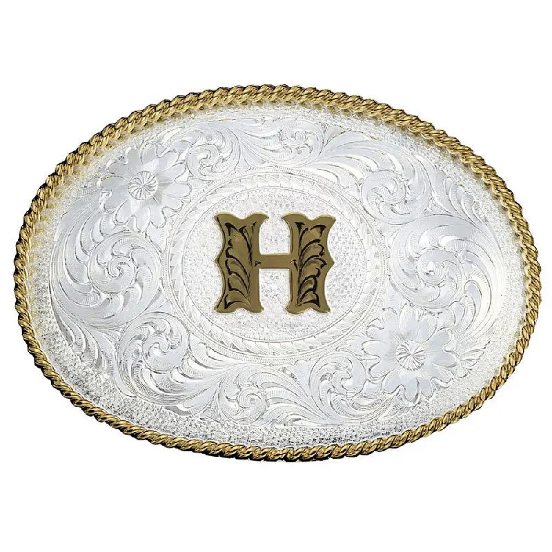 Men's western boots with a high - heeled design and a pointed toeMontana Silversmiths Initial H Silver Engraved Gold Trim Western Buckle