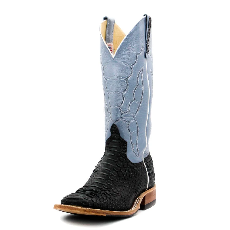 Men's western boots with a high - heeled design and a pointed toeAnderson Bean Exclusive Black Vintage Python Men's Boot