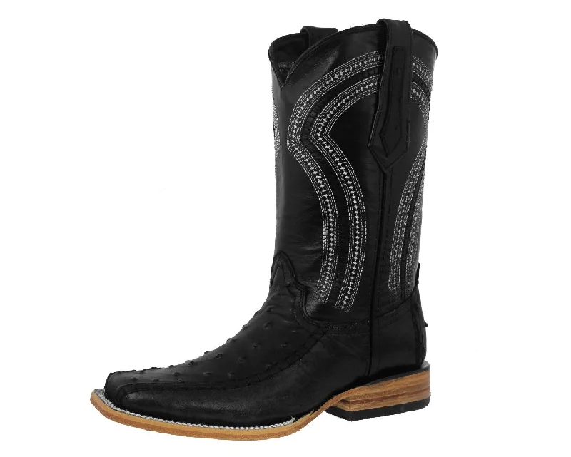 Men's cowboy boots with a pull - on strapMens Black Cowboy Boots Ostrich Print Leather - Long Square Toe