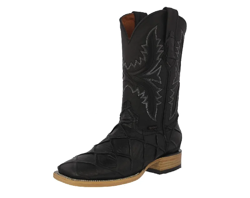 Men's cowboy boots with a decorative inlayMens Black Cowboy Boots Pirarucu Fish Print - Square Toe