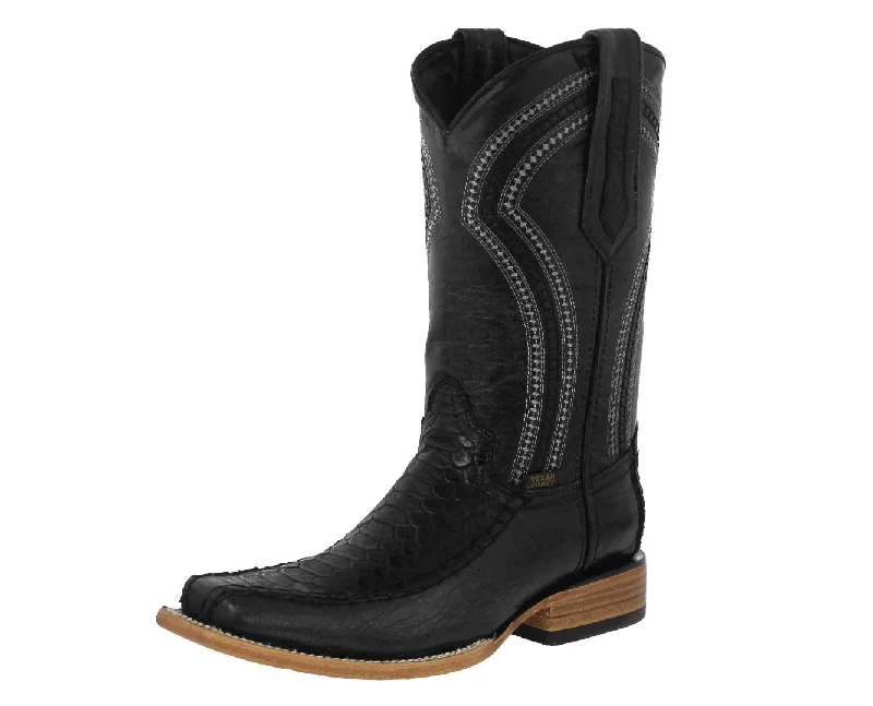 Men's cowboy boots with a leather sole for a classic lookMens Black Cowboy Boots Snake Print Leather - Long Square Toe