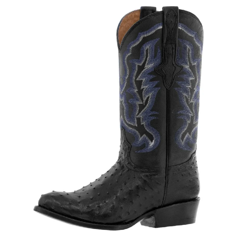 Men's cowboy boots with a distressed leather finishMens Black Ostrich Quill Skin Cowboy Boots - J Toe