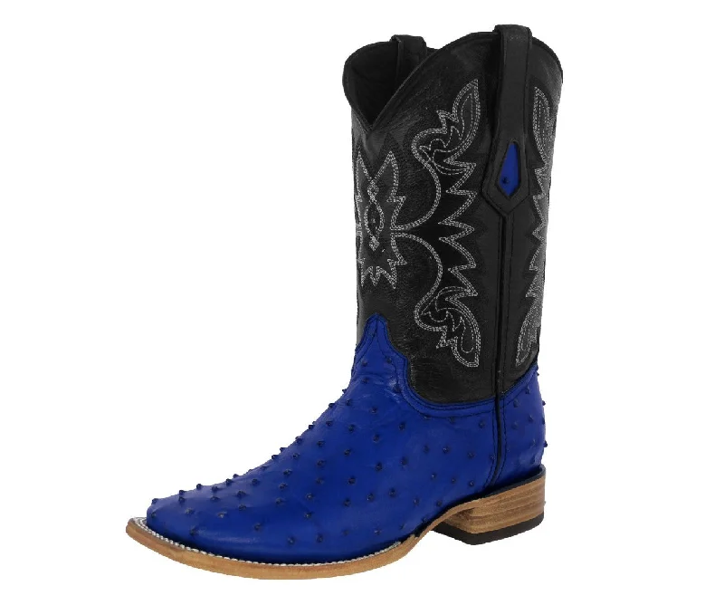 Men's cowboy boots with a silver - toned buckleMens Blue Cowboy Boots Ostrich Quill Print Leather - Square Toe