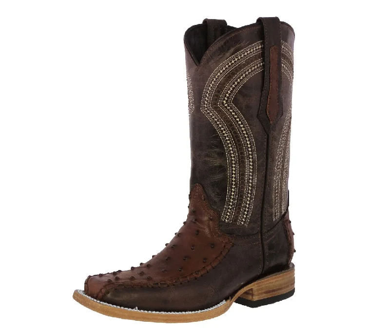 Men's cowboy boots with a scalloped edgeMens Brown Cowboy Boots Ostrich Print Leather - Long Square Toe