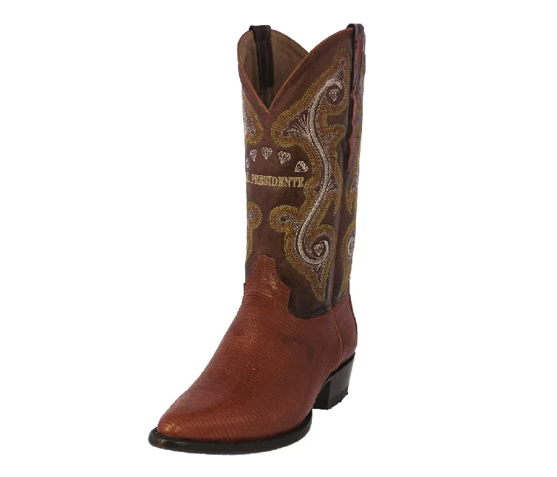 Men's cowboy boots with a leather lining for comfortMens Cognac Real Lizard Skin Leather Cowboy Boots - J Toe