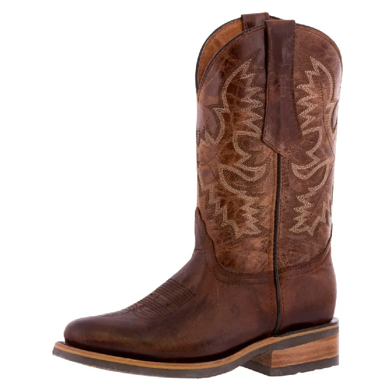 Men's cowboy boots with a tooled leather designMens Cognac Western Leather Cowboy Boots Saddle Roper Toe