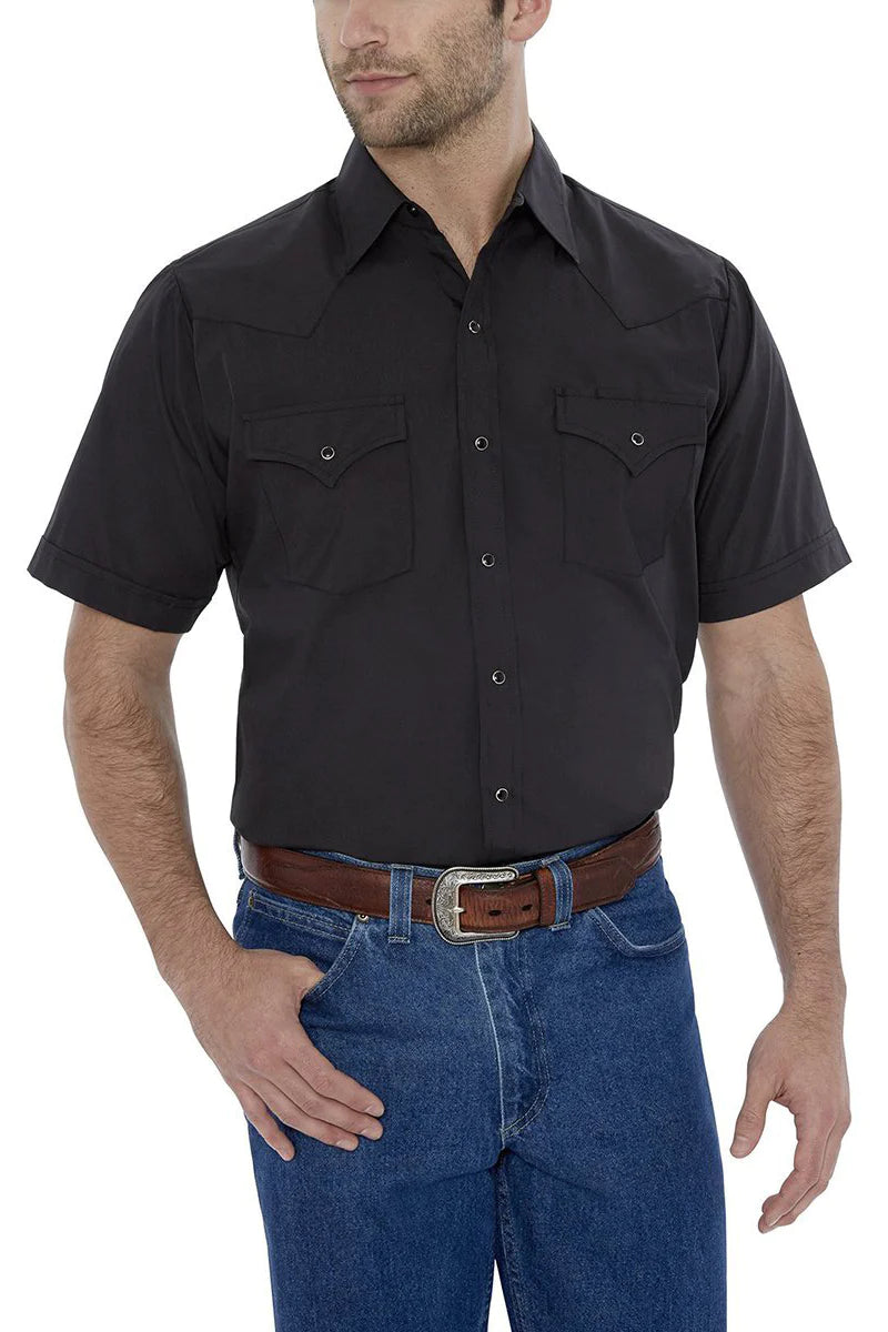 Men's western boots with a distressed leather finish for a rugged lookMen's Ely Cattleman Black Short Sleeve Solid Western Snap Shirt