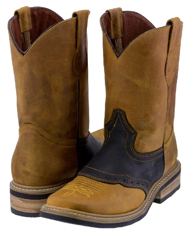 Men's cowboy boots with a leather lining for comfortMens Honey Brown & Black Cowboy Boots Leather Western Square Toe