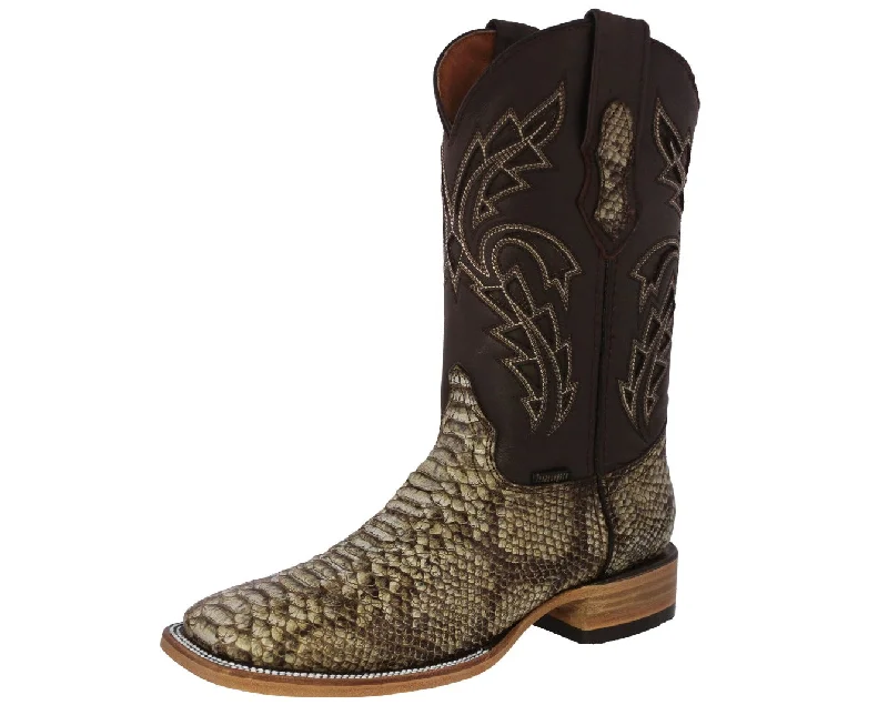 Men's cowboy boots with a concho belt detailMens Honey Brown Cowboy Boots Python Print Leather - Square Toe