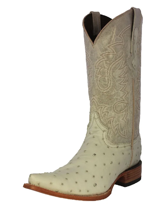 Alligator - print men's cowboy boots for a bold lookMens Off White Ostrich Quill Print Leather Cowboy Boots - Pointed Toe