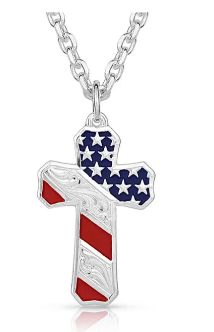 Men's western boots with a tooled leather design on the shaftMontana Silversmiths Born In the USA Patriotic Cross Necklace