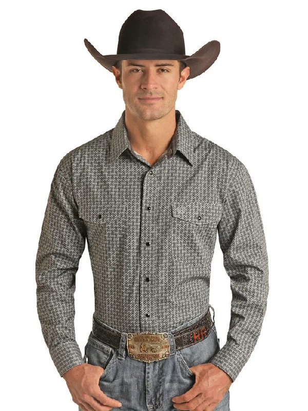 Men's western boots with a scalloped edge and a pull - on strapPanhandle PMN2S02312 Mens Slim Fit Geo Print long Sleeve Snap Shirt Steel