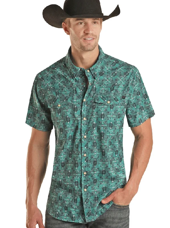 Men's western boots with a leather - wrapped heel and a smooth finishRock & Roll Denim BMN3S02541 Mens Tek Western Short Sleeve Aztec Ripstop Snap Shirt Teal