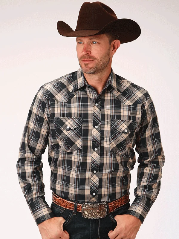 Men's western boots with a high - heeled design and a pointed toeRoper 1-01-101-6016 Mens Long Sleeve Snap Plaid Western Shirt Navy