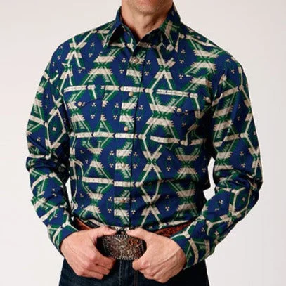 Men's western boots with a leather lining and a padded insoleRoper Men's Navy Aztec Print Pearl Snap Long Sleeve Shirt