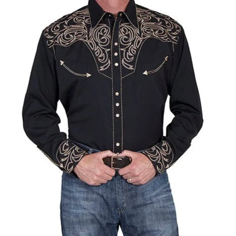 Men's western boots in a rich brown or black leatherScully Men's Embroidered Scroll Western Snap Shirt in Black