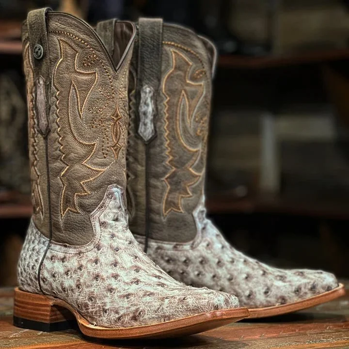 Men's western boots with a high - heeled design and a pointed toeTanner Mark Men's "Bois D'Arc" Full Quill Ostrich Square Toe Boots Light Brown TMX208010